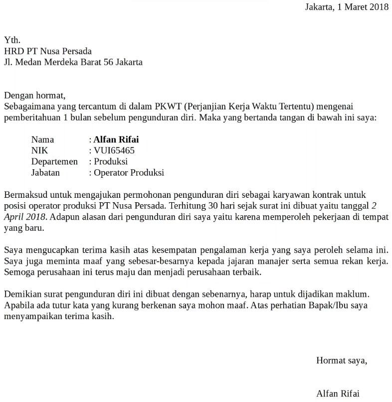 Contoh Surat: Contoh Surat Berhenti Kerja Notis Sebulan 