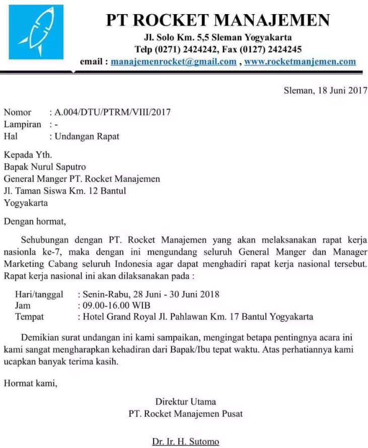 Contoh Surat Undangan Rapat Bentuk Block Style